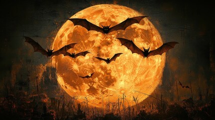 Wall Mural - A spooky Halloween background with bats flying across a full moon