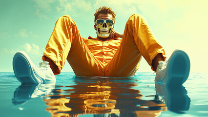 Quirky man in yellow suit and skull mask sitting in shallow water, Odd unusual and weird lifestyle concept