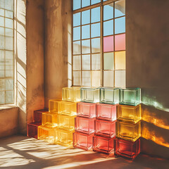 Wall Mural - Colorful Glass Blocks Stacked Against a Window with Sunlight