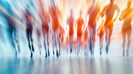 Canvas Print - A group of people running in a blur with their arms out, AI