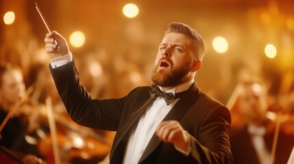 Canvas Print - A conductor with a baton in his hand directing an orchestra, AI