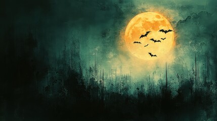 Wall Mural - A watercolor Halloween night with a full moon and flying bats, in muted, eerie tones, on a white background