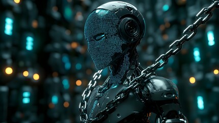 Wall Mural - A solemn AI robot standing before a tribunal, bound by chains made of digital codes, symbolizing the ethical guidelines it violated. The tribunal is composed of holographic judges