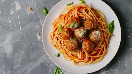 Wall Mural - A delicious plate of spaghetti with meatballs is served on a white dish. The dish features pasta mixed with fresh basil and rich tomato sauce. This image embodies Italian cuisine and comfort food. AI