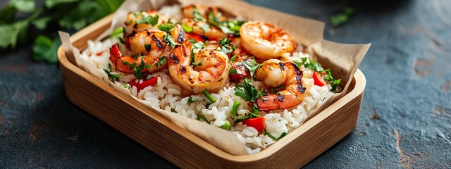 Wall Mural - A plate of shrimp and rice is on a table