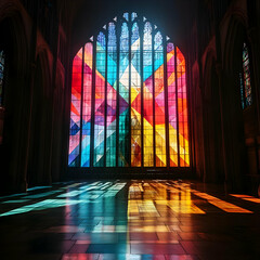 Colorful Stained Glass Window in Church Interior