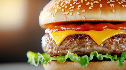 Wall Mural - A close up of a hamburger with cheese and lettuce on it, AI