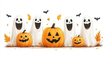 Group of happy ghosts celebrating Halloween, on a white background