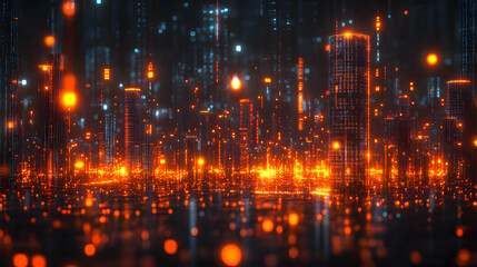 Futuristic Cityscape with Glowing Orange Lights