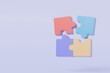 © Theeraphat - 3d jigsaw puzzle piece icon on isolated purple background. Problem-solving idea solution. Teamwork collaboration concept. jigsaw puzzle connecting working together. Minimal jigsaw icon. 3d render.