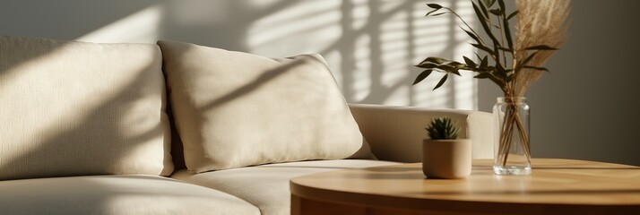 A cozy beige sofa with a small round table holding a potted plant, in a bright room highlighting light and comfort.