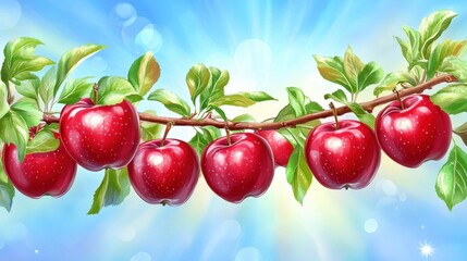 Wall Mural - Fresh red apples on branch with green leaves blue sky