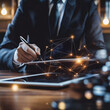 © TAEWON - Generative AI A lawyer reviewing a digital smart contract on a tablet in a modern office, symbolizing the transformation of legal processes through blockchain technology, natural light