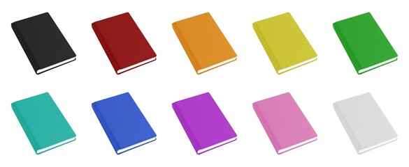 Collection of colorful hardbound books, top-side angled view, isolated on white background. Generative AI