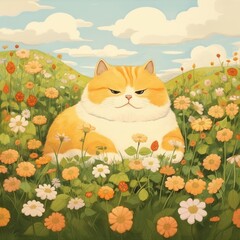 Wall Mural - Chubby cat flower field outdoors.