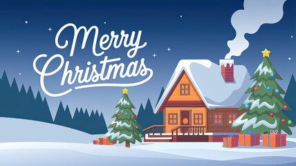 Wall Mural - merry christmas cabin with xmas tree and gifts in snow covered landscape