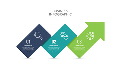 Arrow Infographic design template. 3 steps to achieving of company goals. Business presentation, Planning, Strategy and Marketing. Vector illustration.