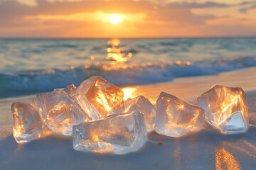 Wall Mural - Sparkling Ice Crystals on Sandy Beach at Sunset