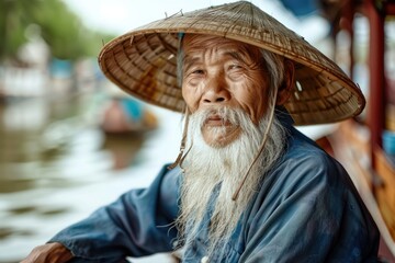 Vietnamese old man with long white beard and straw hat on boat. Vietnam and southeast Asian exotic tourism