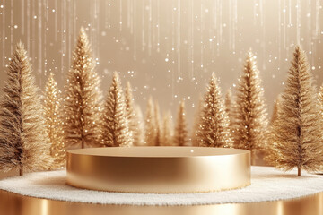 Wall Mural - Golden podium in a christmas setting with blurred christmas trees and lights, perfect for showcasing your product. The warm lighting creates a cozy and festive atmosphere