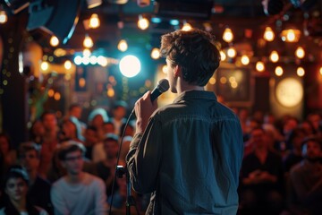 Young male comedian performing his stand-up monologue on a stage of a small venue