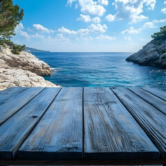 Wall Mural - Empty Wooden Deck Overlooking Tranquil Blue Ocean Photo