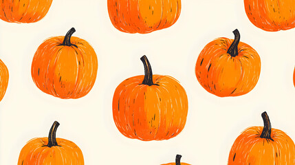 Wall Mural - Seamless Pattern of Hand Drawn Pumpkins on White Background