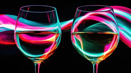 Wall Mural - Vibrant light trails wine glasses on dark background