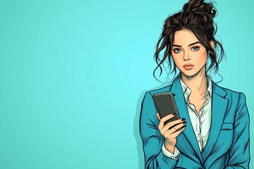 A caucasian brunette businesswoman wear blue suit looking smartphone, hand drawn illustration, turquoise background, copy space