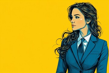 Half-body of beauty businesswoman wear blue suit, hand drawn illustration, yellow background