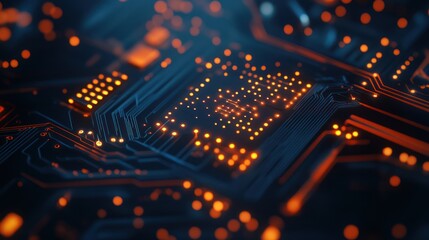 Canvas Print - Close-up of a circuit board with glowing lights, abstract technology background