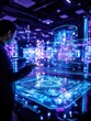 © Thi - A futuristic tech expo showcasing a 3D holographic projection of a groundbreaking innovation, complete with interactive elements for attendees