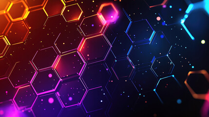 Canvas Print - Abstract background with glowing hexagons. Abstract digital futuristic pattern. Close-up of hexagonal patterns. Abstract neon glowing hexagons background. High-tech designs. Modern tech. Copy space