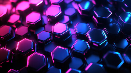 Canvas Print - Abstract background with glowing hexagons. Abstract digital futuristic pattern. Close-up of hexagonal patterns. Abstract neon glowing hexagons background. High-tech designs. Modern tech. Copy space