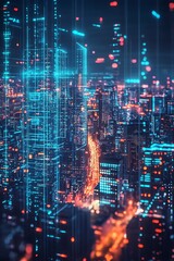 Wall Mural - Cyberpunk Cityscape: A Futuristic Skyline of Digital Lines and Glowing Lights