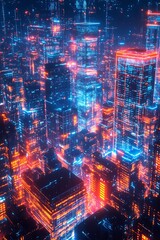 Wall Mural - Neon Cityscape with Glowing Buildings and Structures in 3D Animation