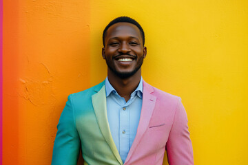 Wall Mural - man in a colorful suit is smiling and posing for a photo. The bright colors of his suit and the yellow wall behind him create a cheerful and vibrant atmosphere