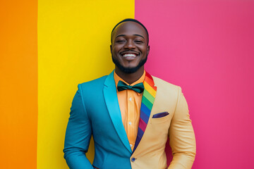  man in a rainbow suit is smiling and posing for a photo. The colorful suit and the bright background create a cheerful and vibrant atmosphere