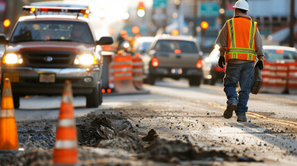 Driver cautiously navigates construction zone while worker monitors traffic flow in city