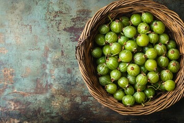 Wall Mural - Fresh Green Gooseberries in Wicker Basket