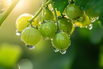 Wall Mural - Green Gooseberries with Dew Drops