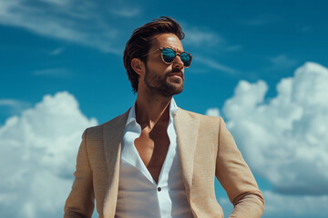 Wall Mural - man wearing a tan jacket and white shirt is standing in front of a blue sky with clouds