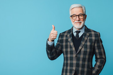 man in a plaid jacket and glasses is giving a thumbs up. He is smiling and he is happy