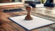 © MheeP - Macro shot of a wooden desk highlighting a certificate document with a stamped approval, representing confirmation of agreement success.