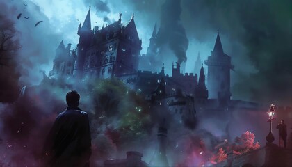 Wall Mural - A man stands in front of an ominous castle silhouetted against a foggy night sky.