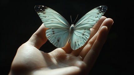 Close-up of an unusual blue and orange butterfly with small white spots. On a person's hand. Black background. Insect study, nature, science, biology. Image for article.