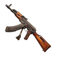 Detailed depiction of an AK-47 rifle with wooden furniture placed on a transparent background, highlighting its craftsmanship and features