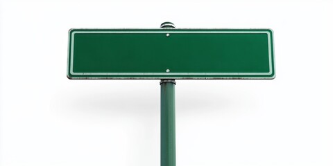 Empty blank green road sign on a sturdy metal pole isolated on white background