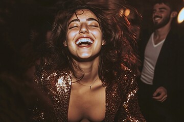 Carefree young woman is laughing with her head back as she dances with friends at a nightclub. She is wearing a sparkly top and having a fun night out