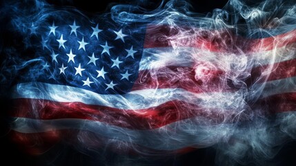 Poster - A surreal interpretation of the American flag emerges through swirling smoke, representing patriotism and freedom in a dreamlike setting.